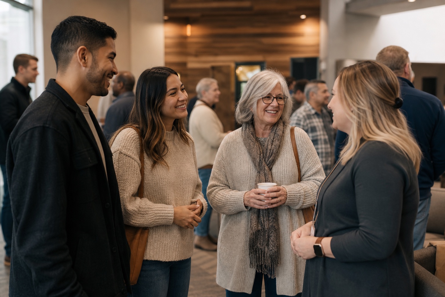 People sharing a warm conversation in a church lobby after a service