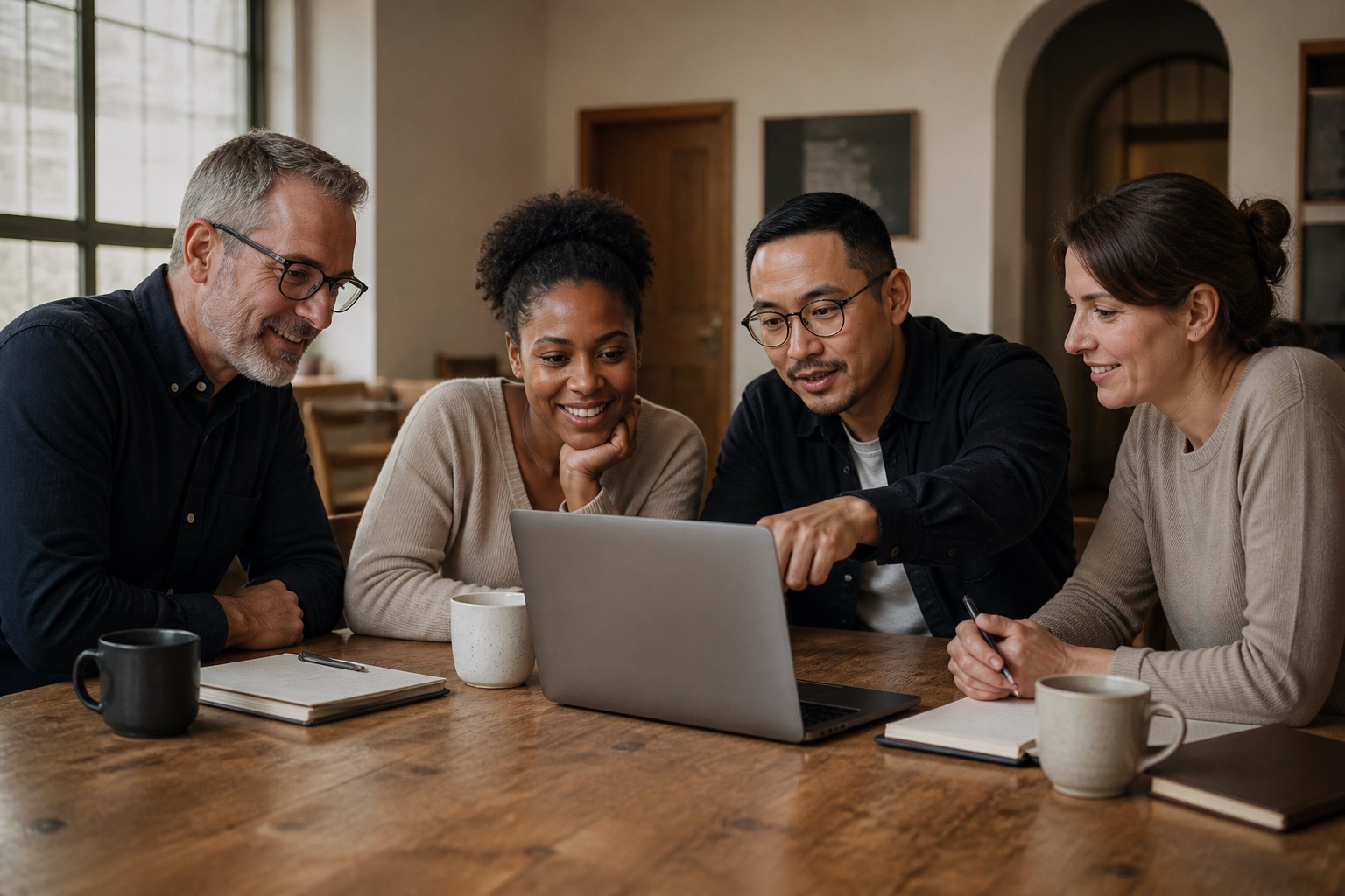 Church leaders collaborating around a laptop during a website planning conversation