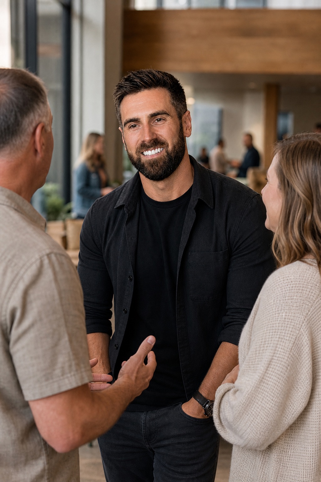 Chris speaking with church leaders in a welcoming lobby